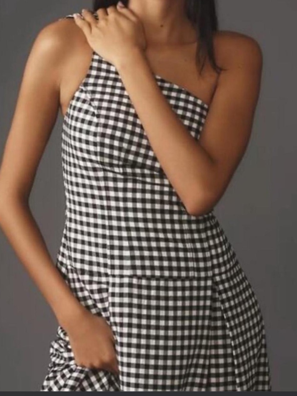 Anthropologie Black and White One-Shoulder Gingham Dress
